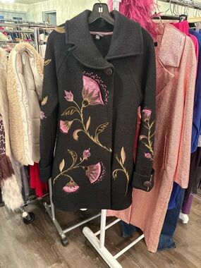 Black Wool Coat with Pink Floral Embroidery